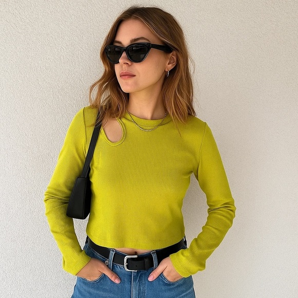 NWOT Happily Grey Lime Green Asymmetrical Cutout Long Sleeve Top Size M/L - Picture 1 of 9